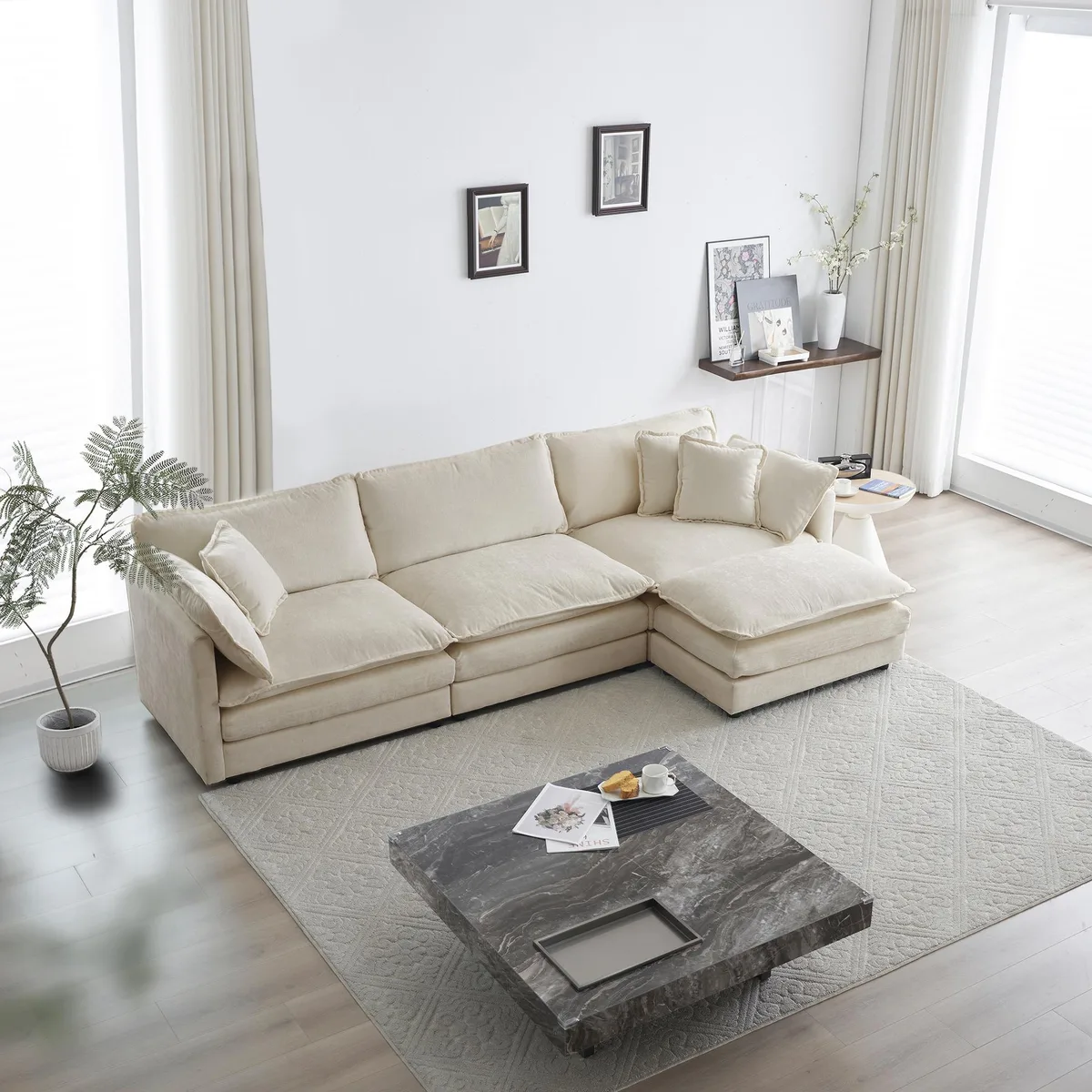 Beige chenille L-shaped modular sectional with reversible ottoman