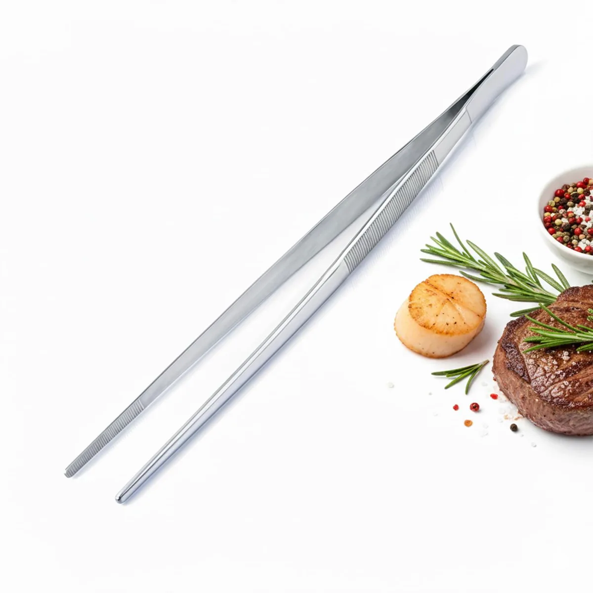 12-inch stainless steel kitchen tweezers with serrated tips