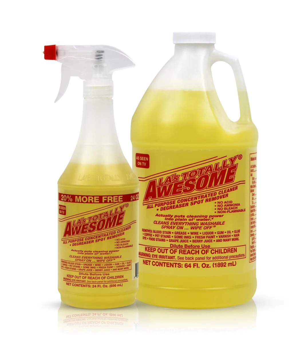 A 24 oz spray bottle and a 64 oz refill jug of Metra all-purpose cleaner