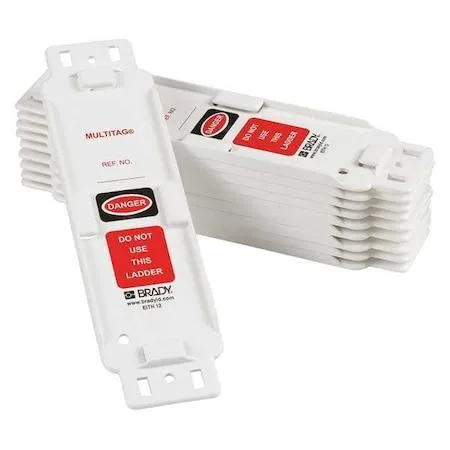 Ten white plastic Laddertag holders with black red white headers adhesive backing and nylon ties