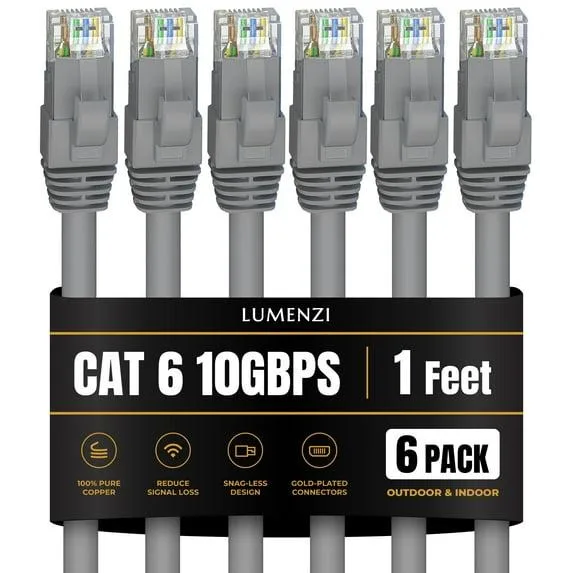 Lumenzi Lumenzi Cat 6 Ethernet Cable 1 FT Grey 6 Pack 10 Gbps 550 MHz — product photo