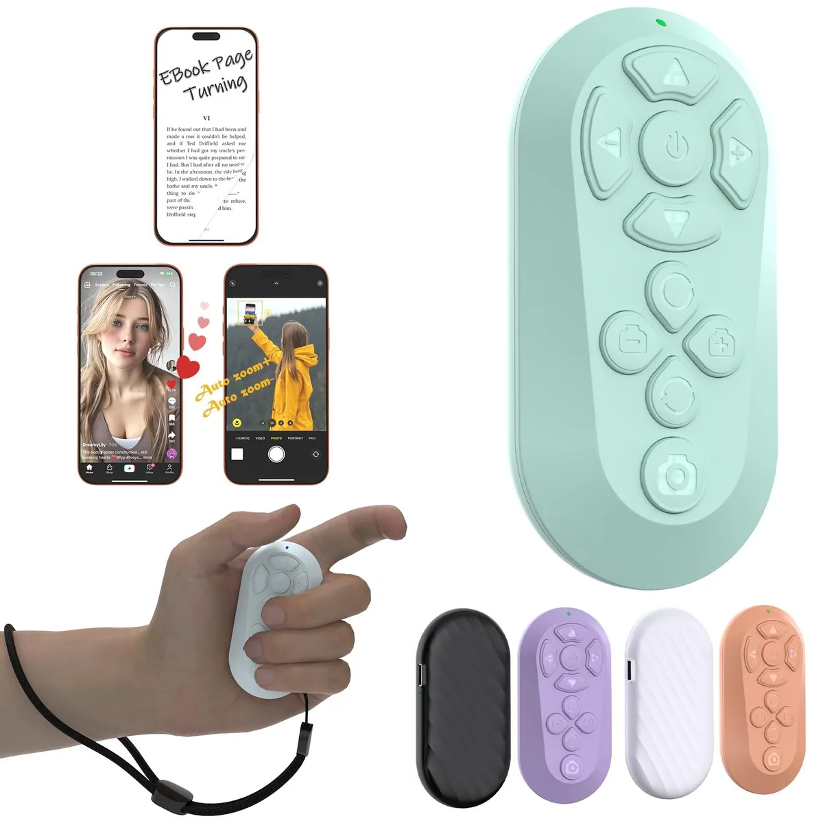 Small eggshell-blue Bluetooth remote with charging case