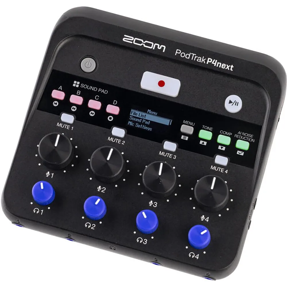 Zoom Zoom PodTrak P4next voice recorder with AI noise reduction and tone shaping — product photo