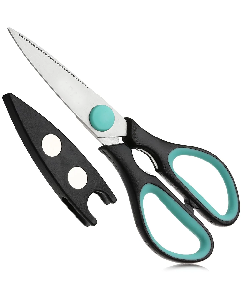 Black 8 inch kitchen scissors with protective sheath