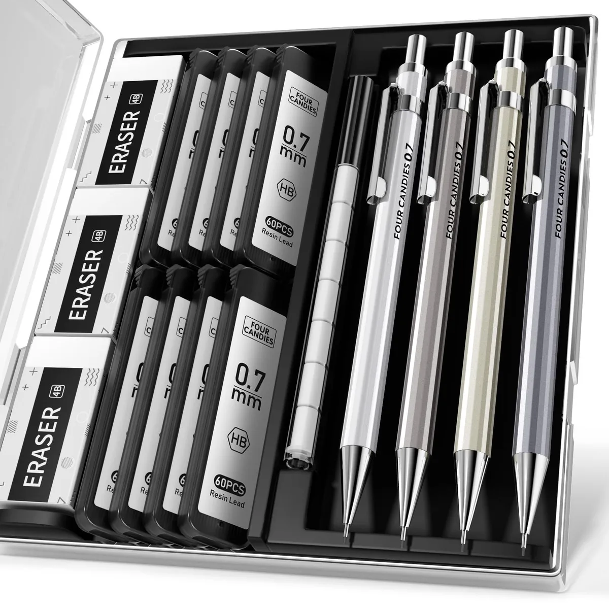 Four metal mechanical pencils 0.7mm in a multi-color case