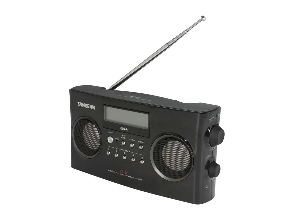 Sangean Sangean PR-D5 BK radio AM/FM 10 presets 2.5" speakers 200mm AM antenna 3.2" LCD 6 C cells — product photo