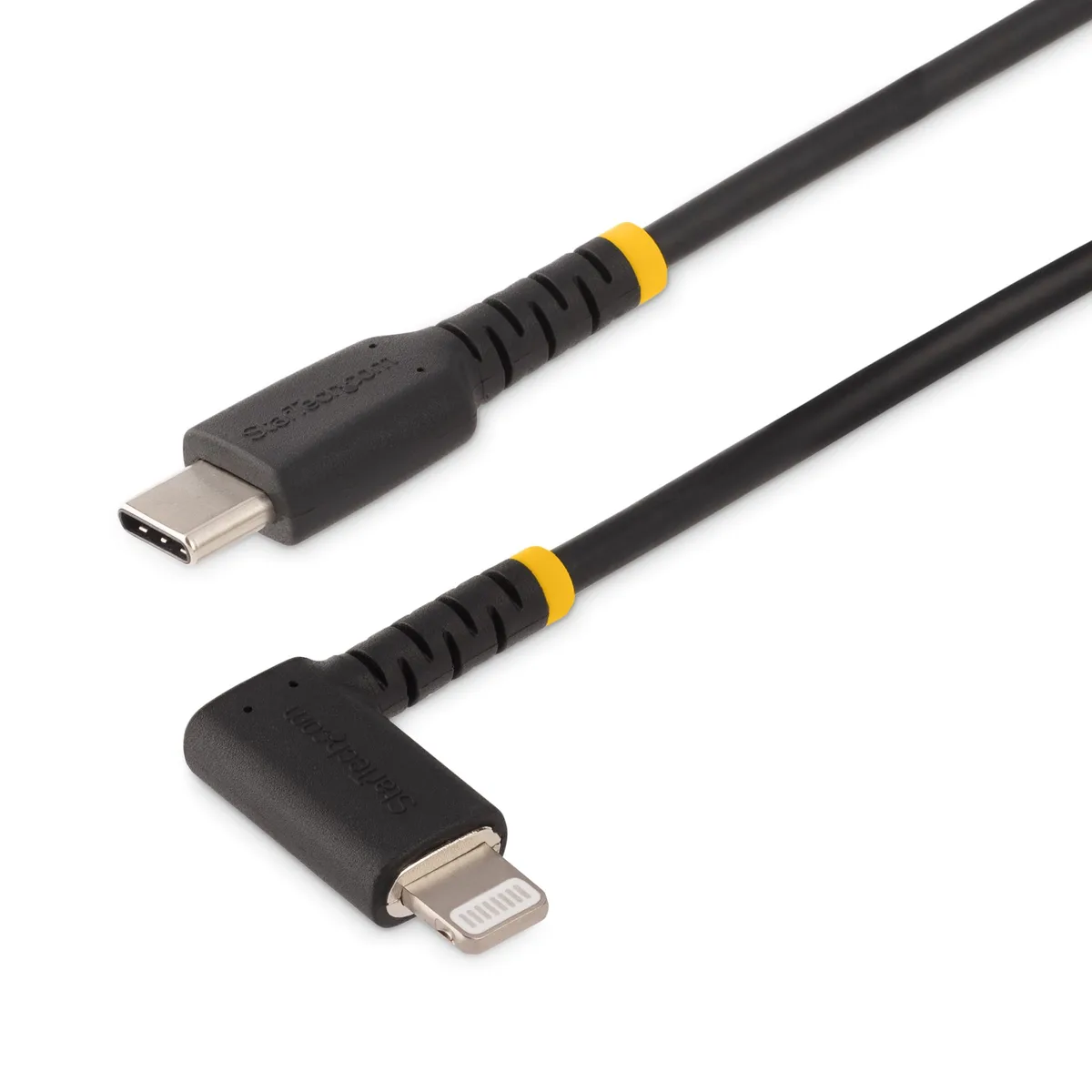 Black USB-C to Lightning cable, right-angled connector, 3 ft length
