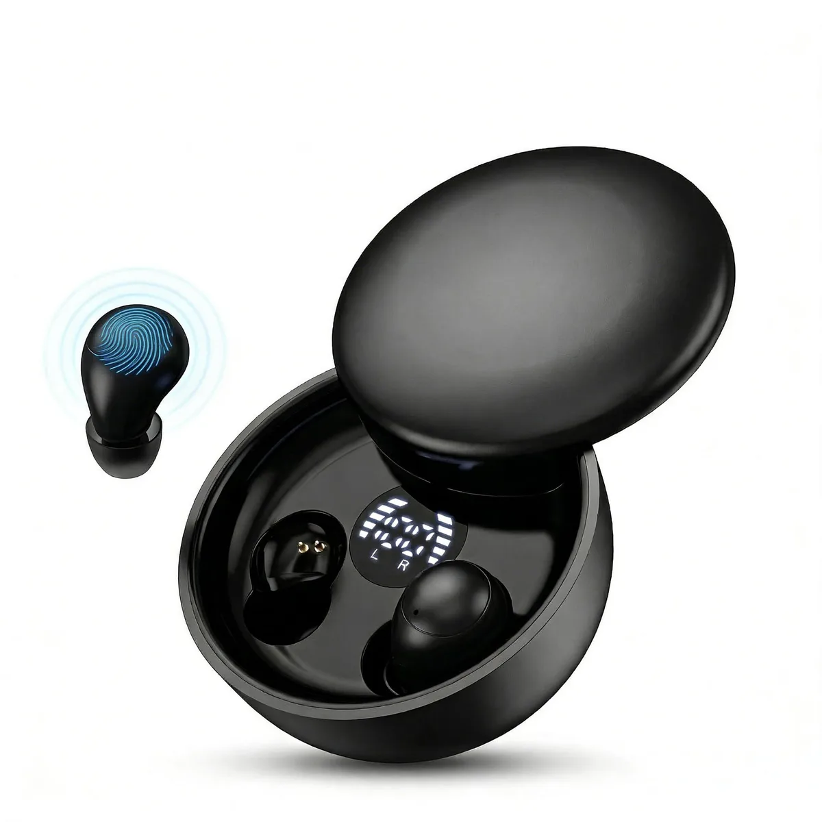 Two tiny black in-ear buds with matching charging case