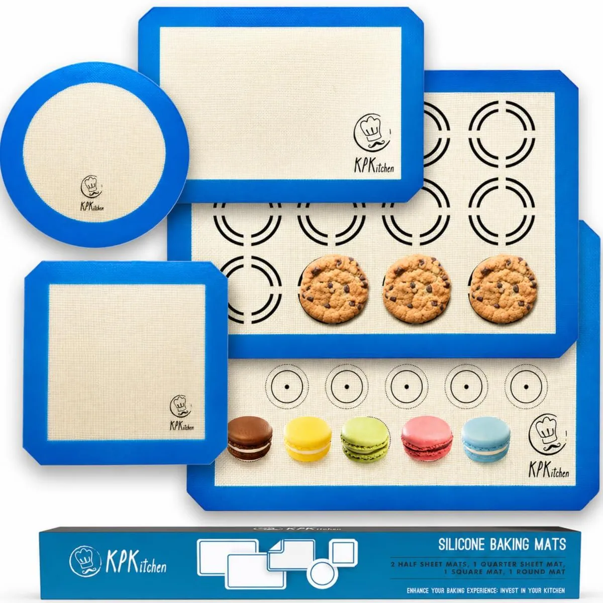 Set of five flexible silicone mats in blue: two large rectangles, one smaller rectangle, one circle, one square