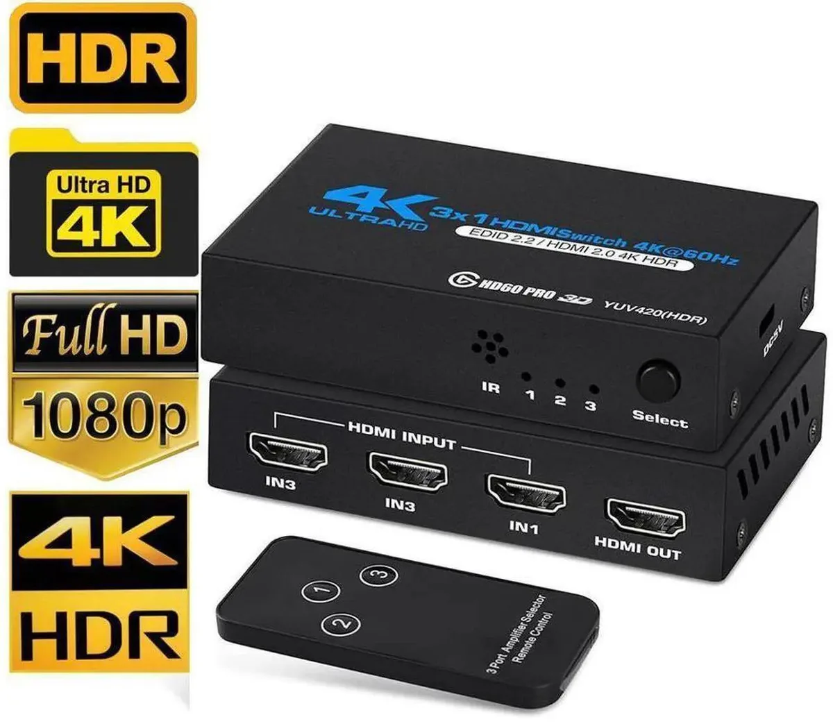 SMUGDESK SMUGDESK OZQ2-1 3-Port 4K@60Hz HDMI Switch with Remote — product photo