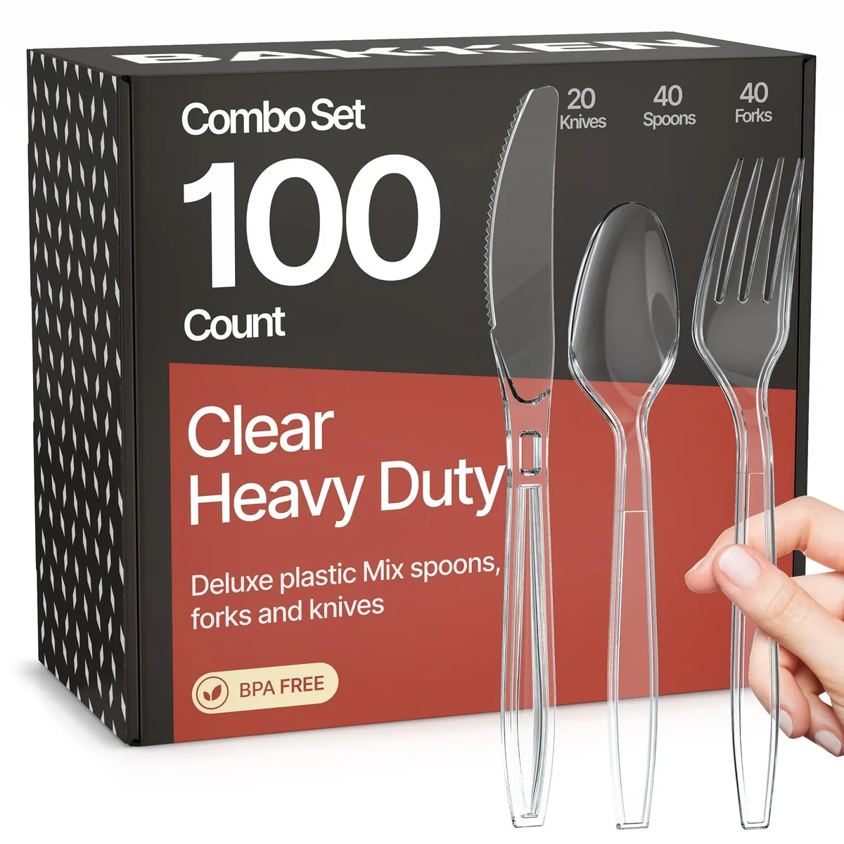 Black plastic cutlery set with forks knives spoons in box