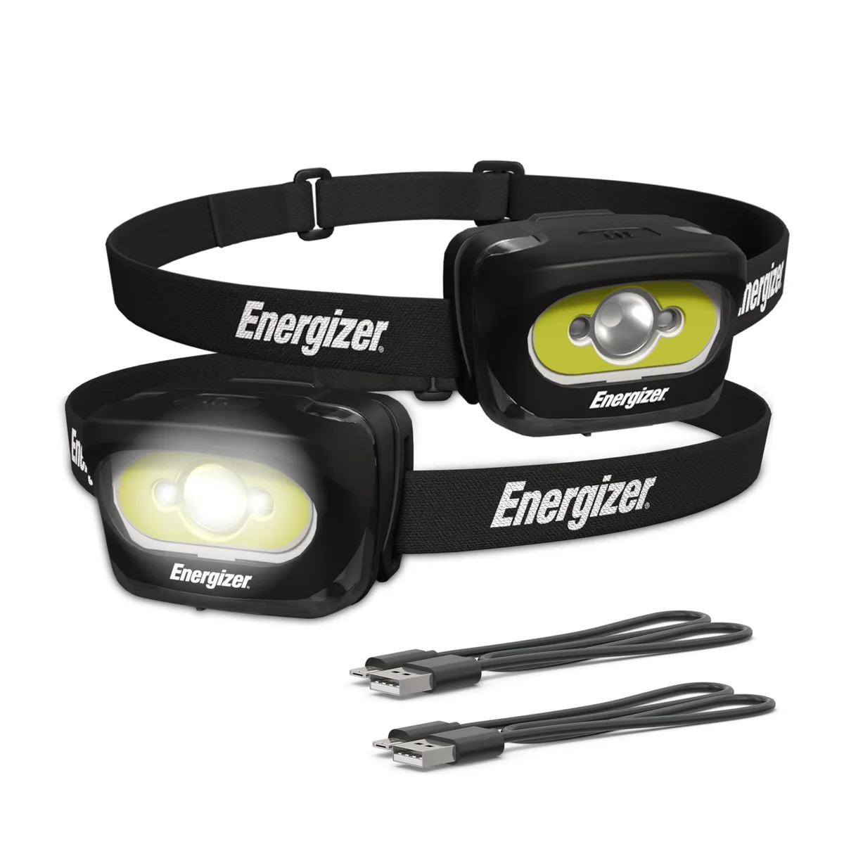 Two black Energizer rechargeable headlamps with USB cables