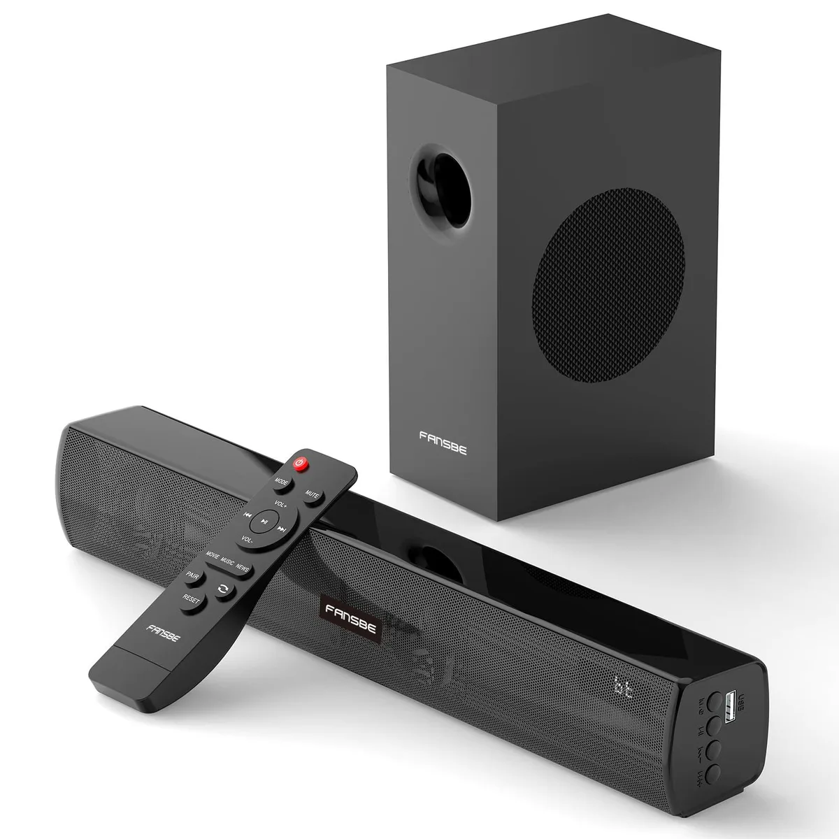 Black soundbar with wired subwoofer and remote control