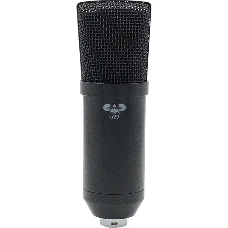 Silver side-address USB condenser microphone on a small tripod stand with foam windscreen and clip