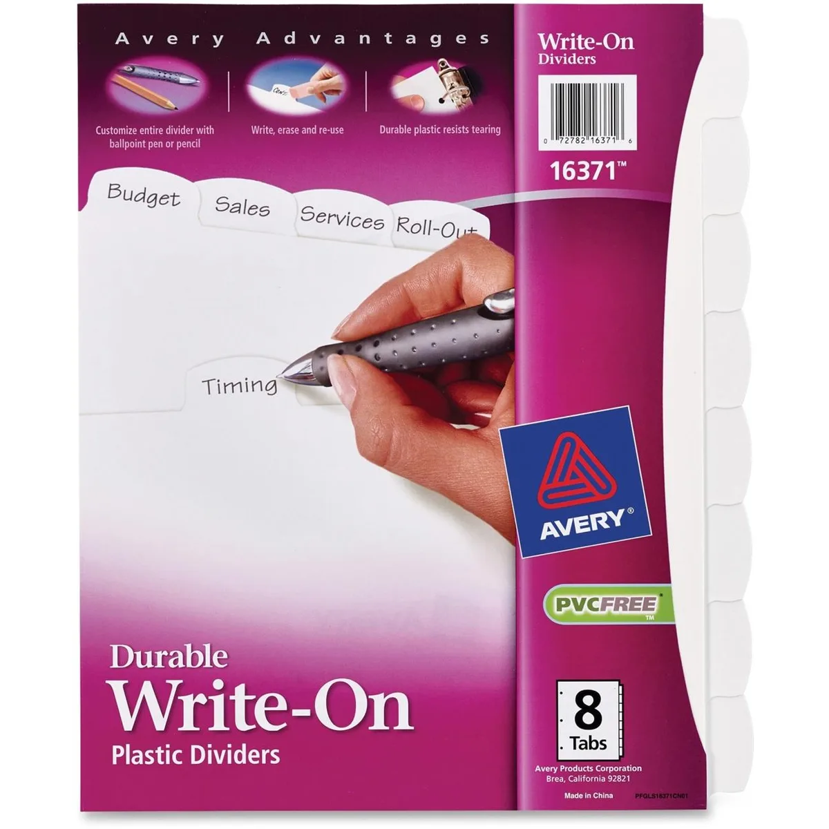 Eight white translucent plastic tab dividers with three holes and write-on tabs