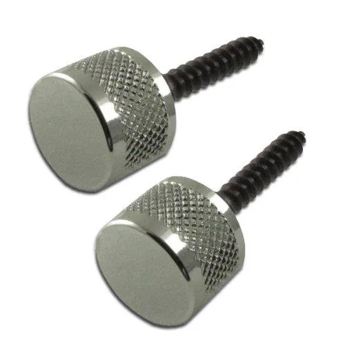 Two chrome strap buttons with mounting bolts on a plain background