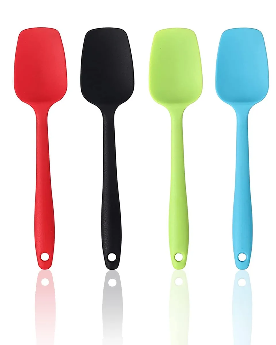 Four flexible silicone spatulas, 21 cm long, rectangular heads, hanging loops, bright colours