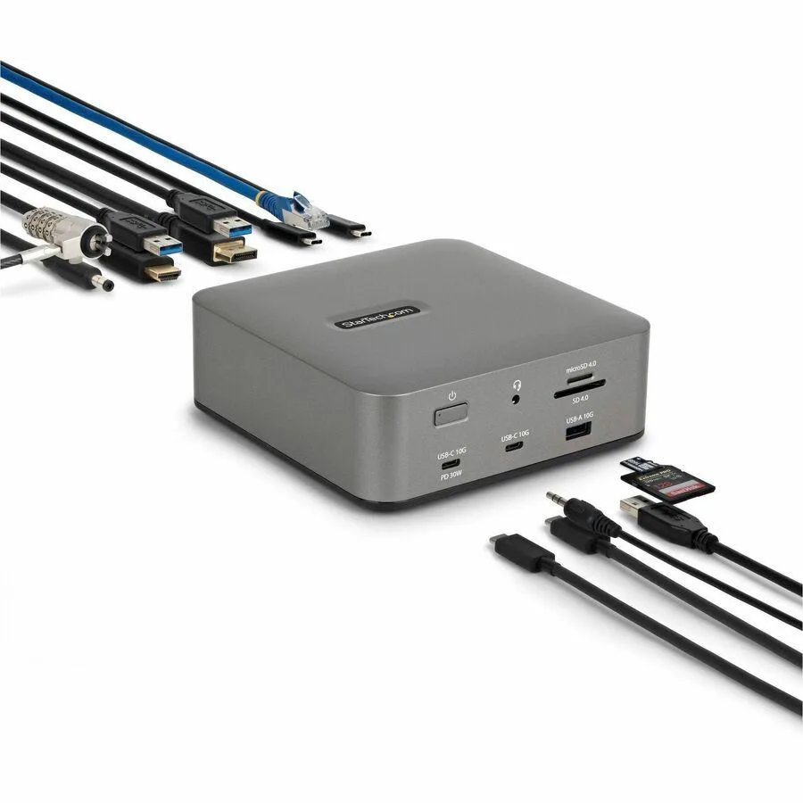 Compact silver docking station with Thunderbolt host cable and power adapter