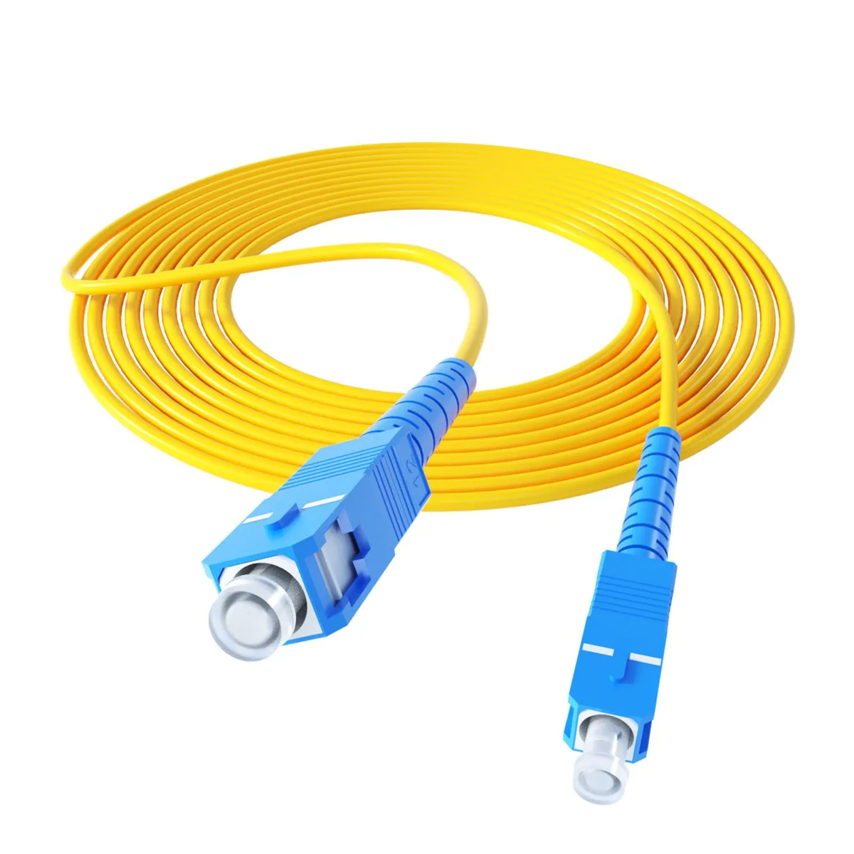 Yellow single-mode fiber patch cable with blue SC/UPC connectors at both ends