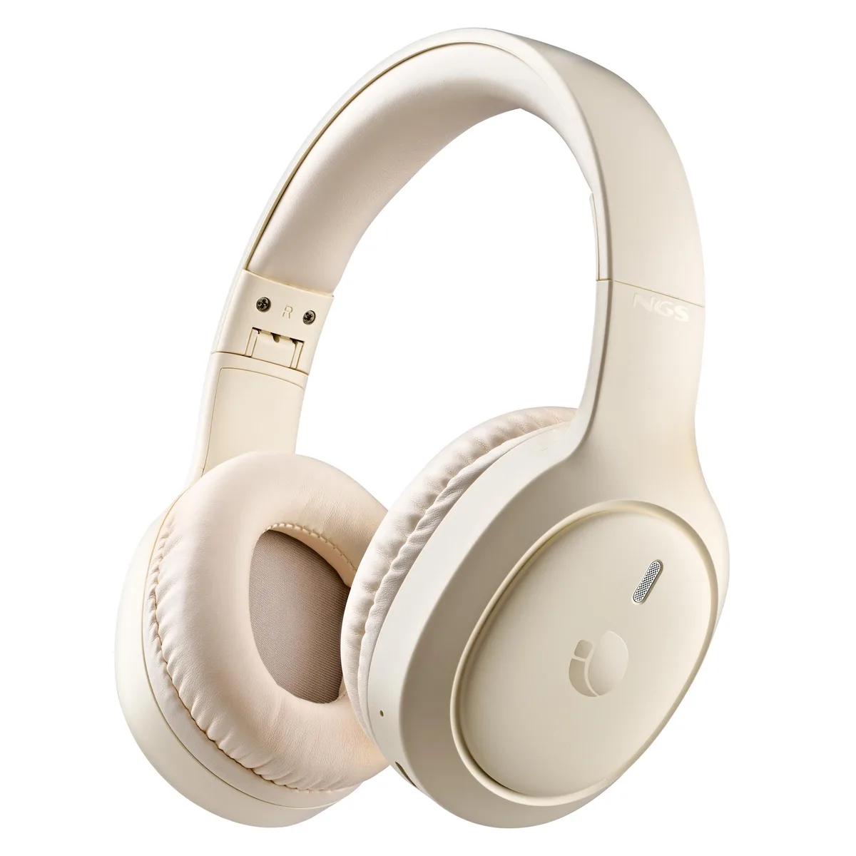 Beige over-ear wireless headphones with padded ear cups and adjustable headband