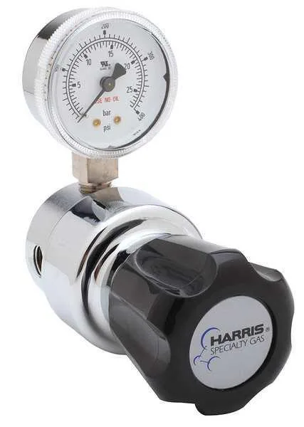 Chrome-plated brass gas regulator model 1036 with dual gauges and rear mounting threads
