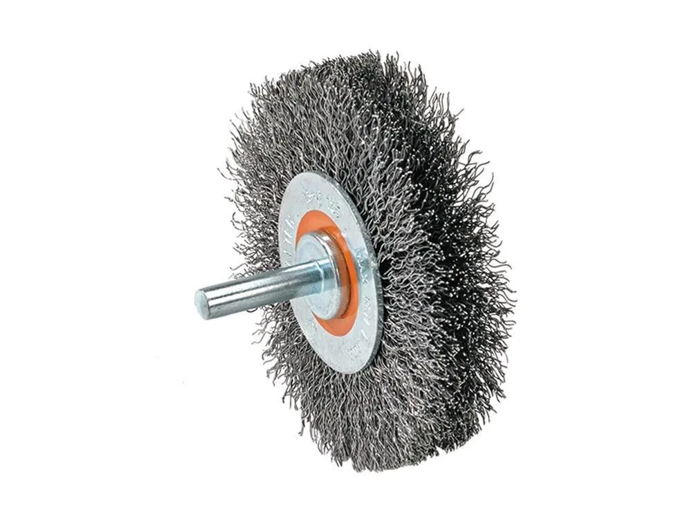 Crimped wire mounted brush with 5/8 inch wide bristles and 2 inch diameter