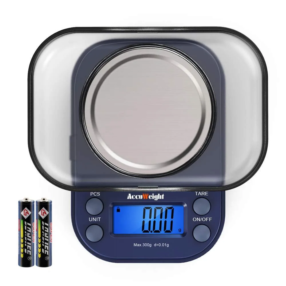 Small blue digital pocket scale with backlit display and stainless steel weighing surface