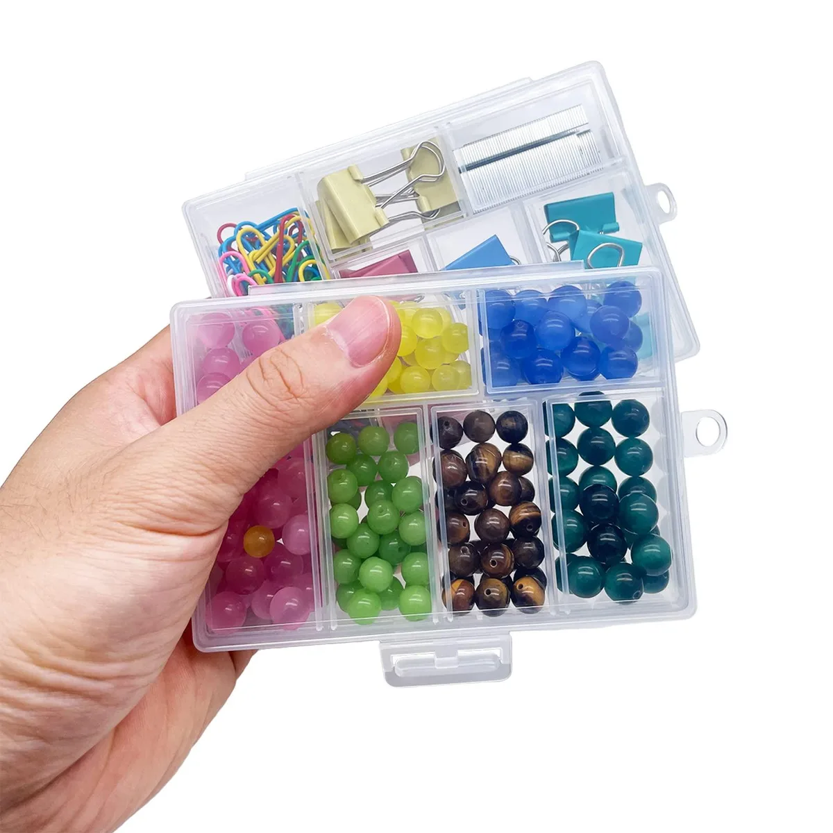 Two small silver plastic boxes, each with six compartments and secure lids