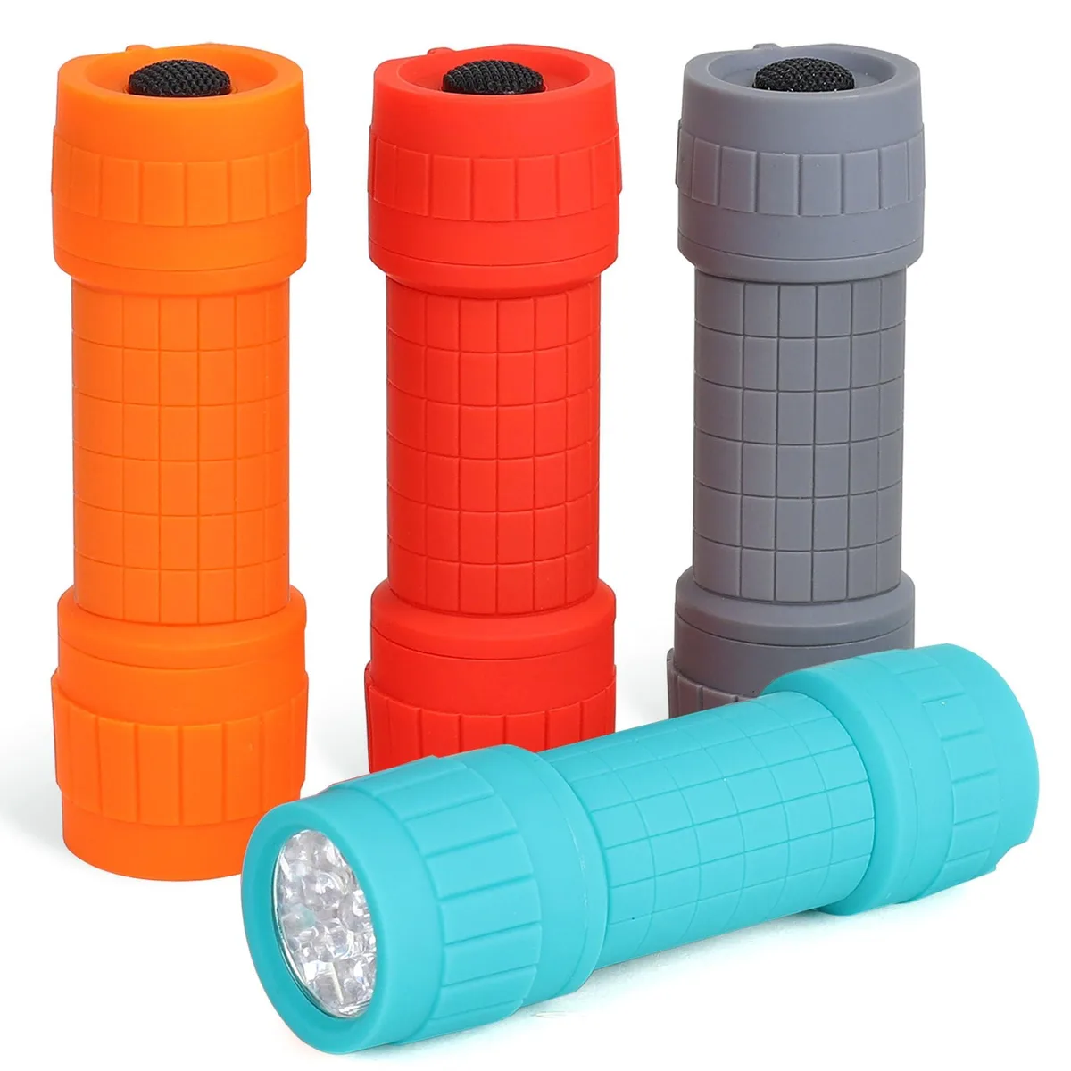 Four small red cylindrical flashlights with rubberised finish and lanyards, shown together in a pack