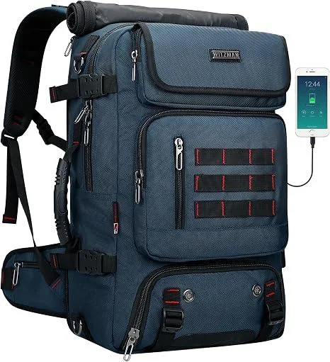 Blue nylon travel backpack with top U-zip, side mesh pocket and hidden back strap pocket