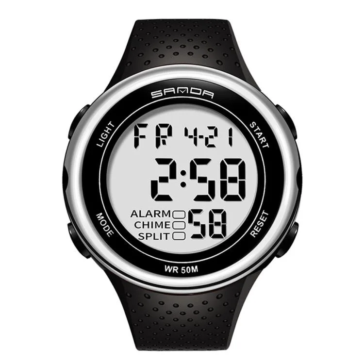 Silver digital watch with round resin case 46mm rubber strap mineral glass 50m water resistant 43.5g