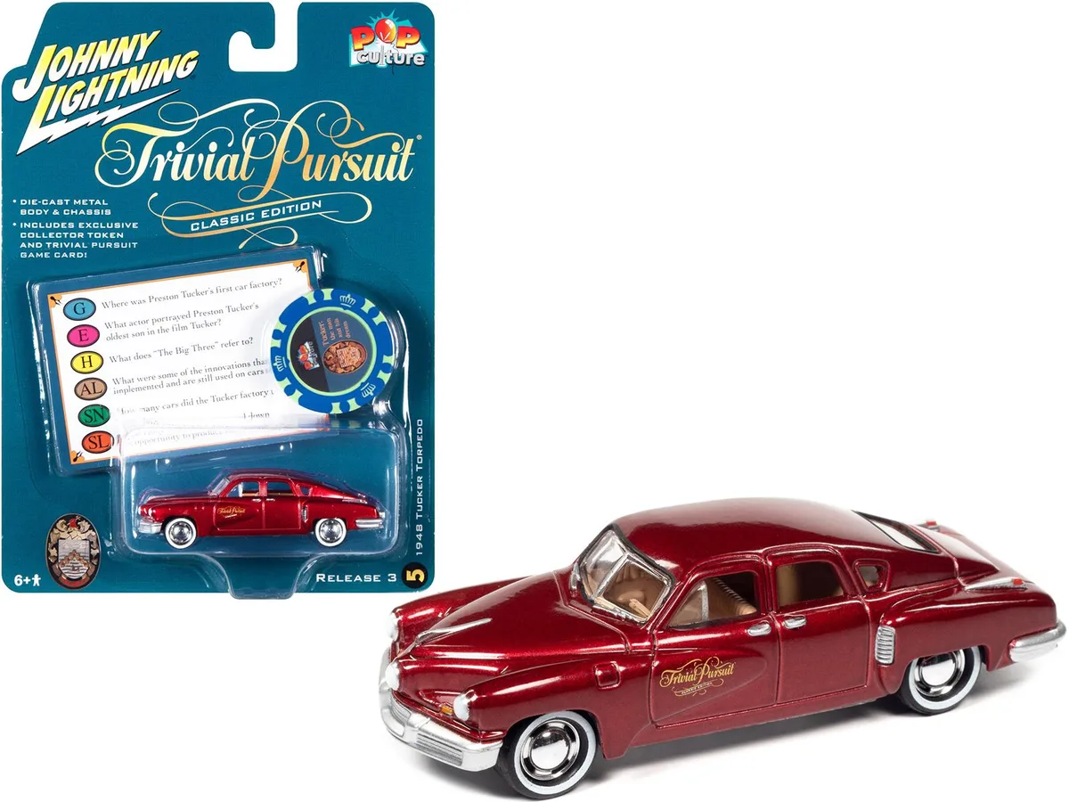 JOHNNY LIGHTNING JOHNNY LIGHTNING 1948 Tucker Torpedo Red Maroon Met. Poker Chip Game Card 1/64 Diecast Hobby Collectible — product photo