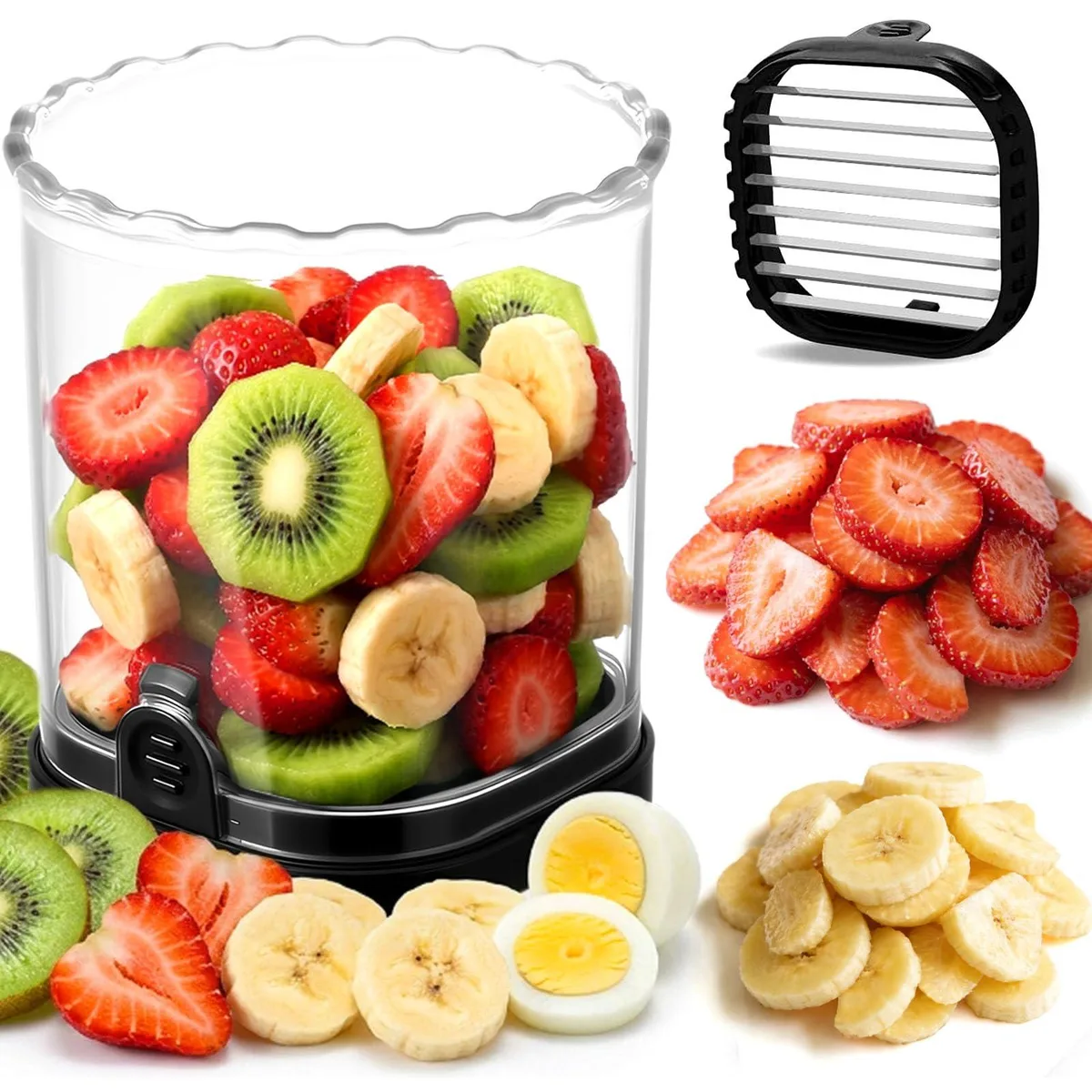 Black handheld cup slicer with transparent ABS body and stainless steel blades
