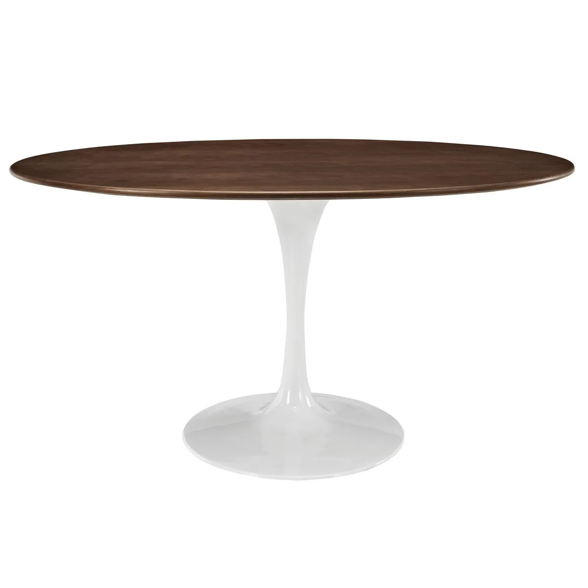 Oval walnut veneer dining table on tapered powder-coated metal base