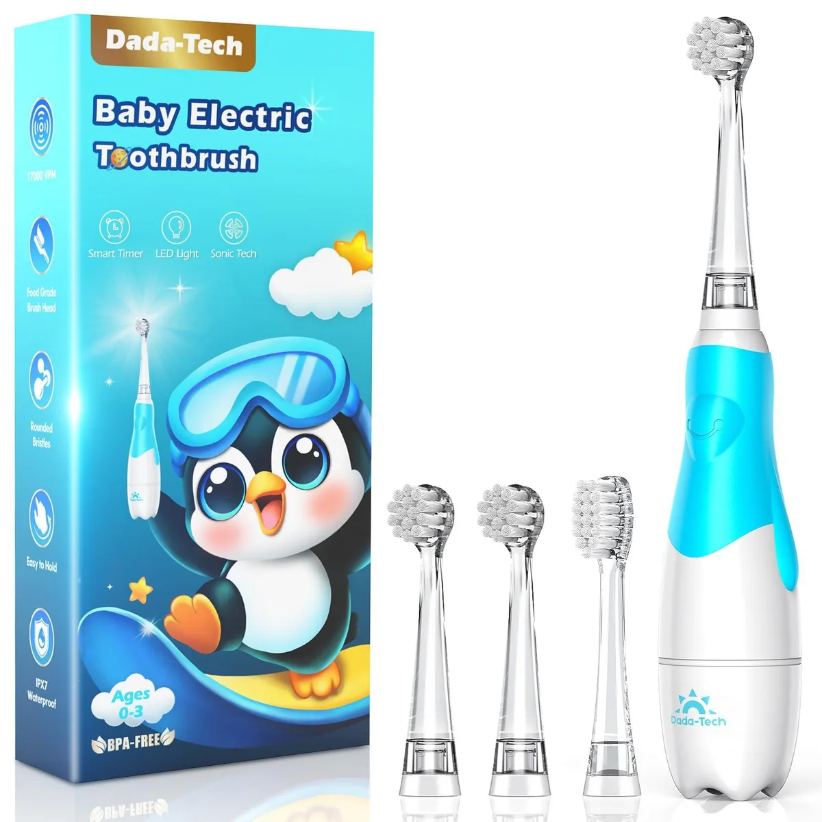 Blue penguin-shaped electric toothbrush with LED light, soft bristles, battery powered, includes four replacement heads