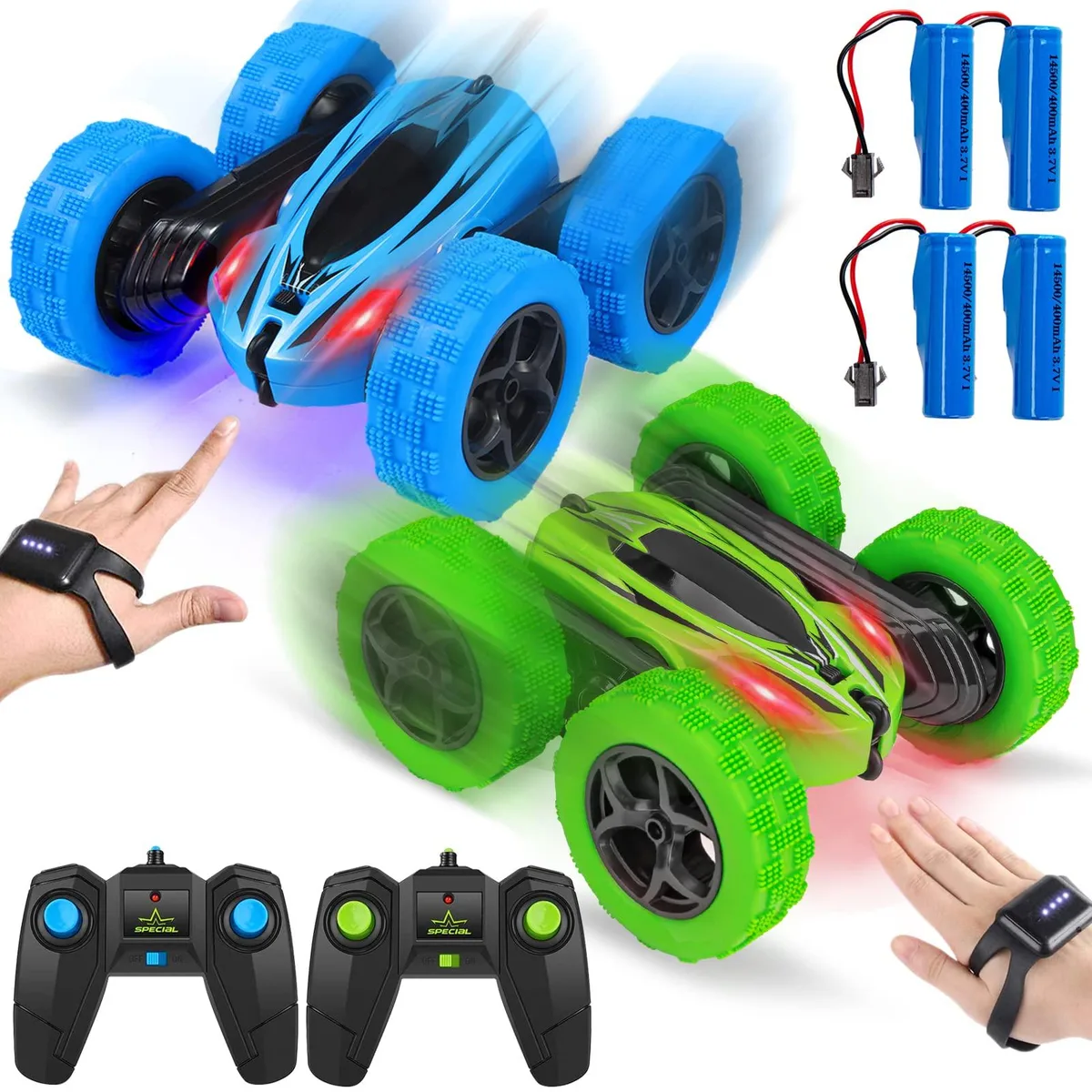 Two blue and green RC stunt cars with gesture watch controllers and standard remotes