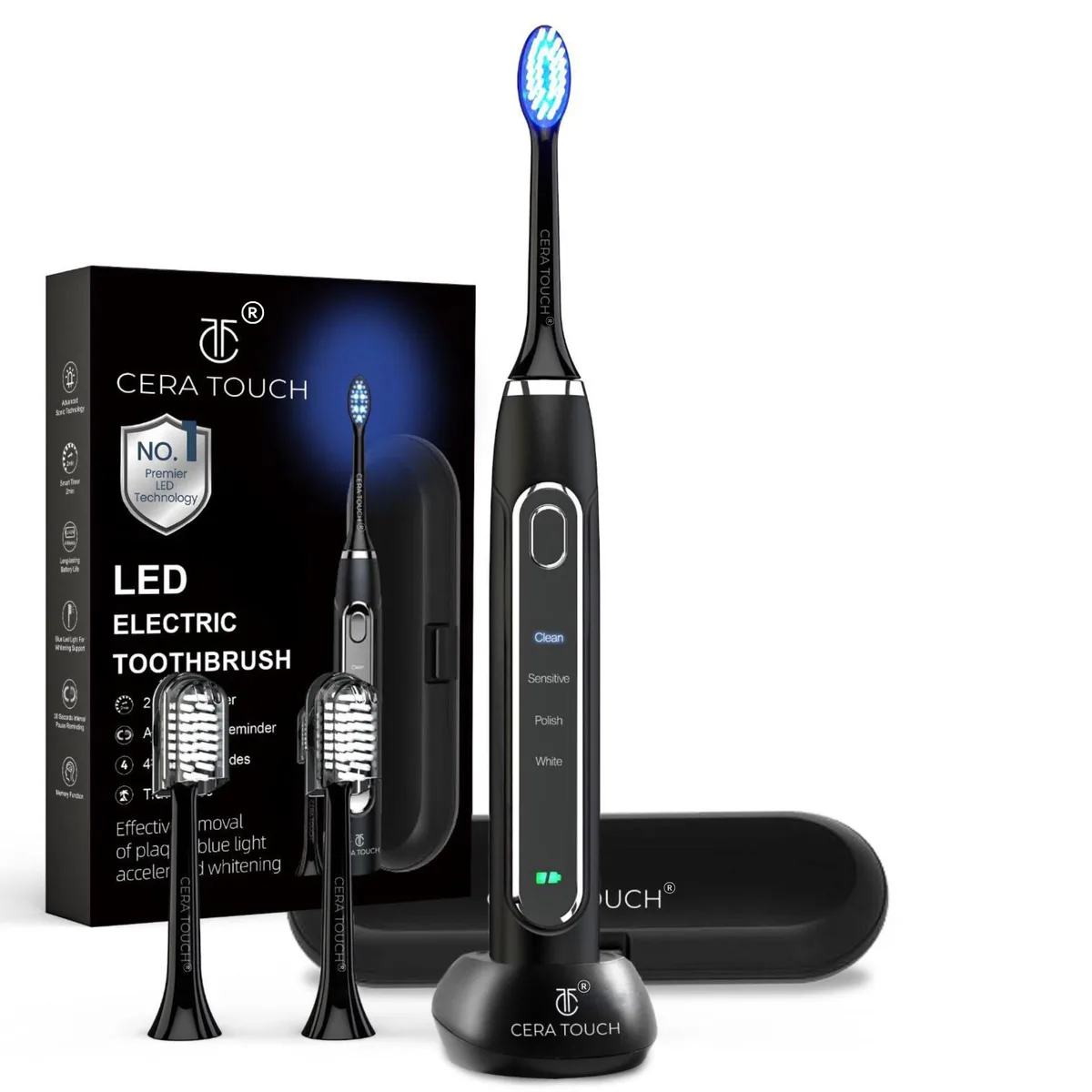 Black electric toothbrush with blue LED lights, travel case and wireless charger