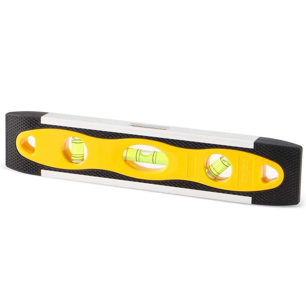 Orange torpedo level with rubberised ends, magnetic base, three green vials and top-view window