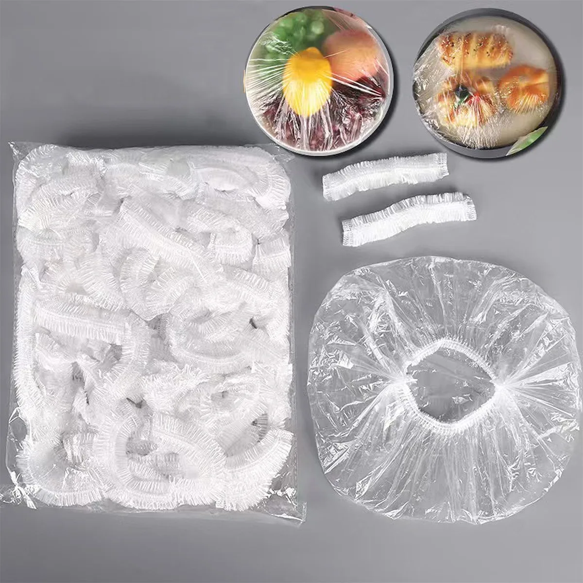 Stack of 300 transparent elastic bowl covers with stretch edges