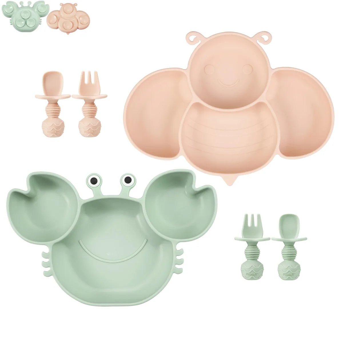 Two silicone suction plates with four spoons, green crab and pink bee design, rectangular divided sections