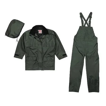 Green three-piece rainsuit with detachable hood, polyester and PVC fabric, hook-and-loop closures, size S