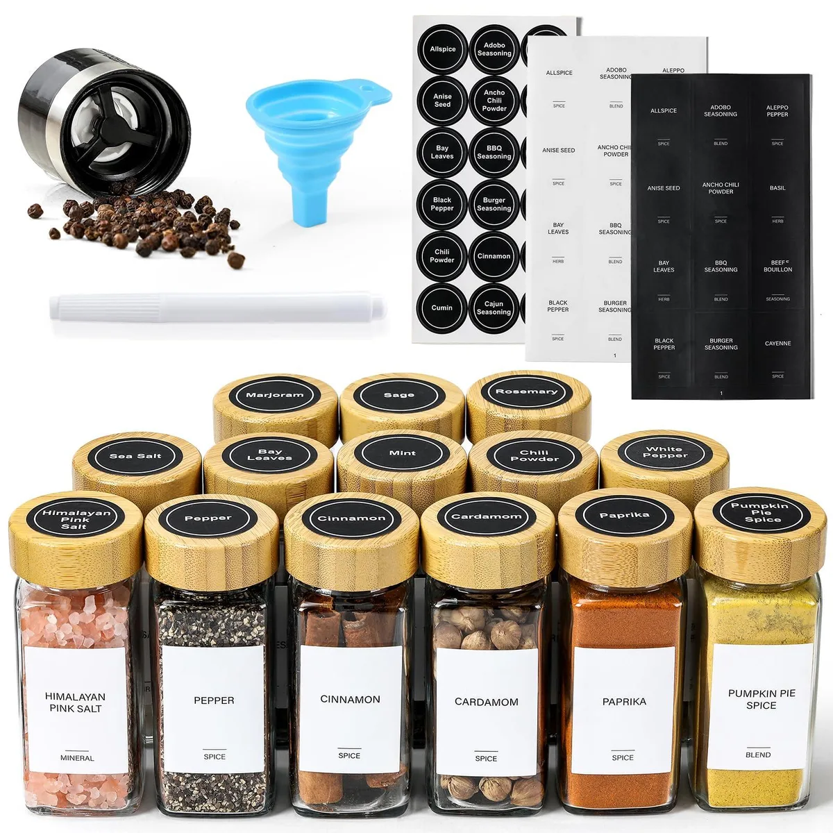 Fourteen clear square glass spice jars with bamboo lids and labels