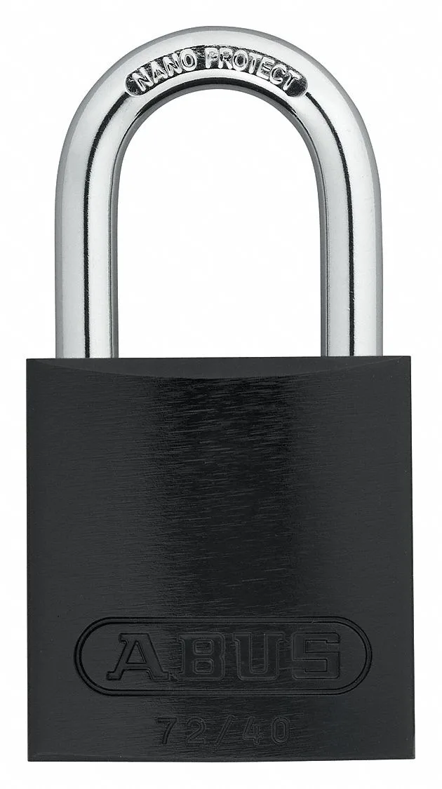 Black anodised aluminium lockout padlock, open hardened steel shackle, keyed alike
