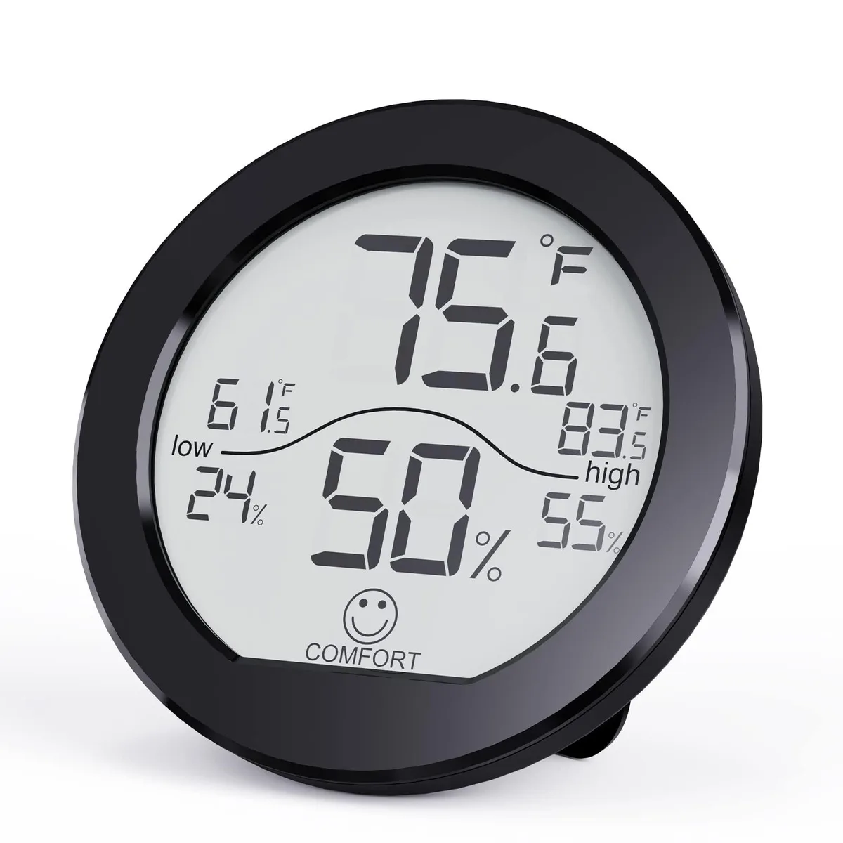 Black rectangular hygrometer thermometer with LCD screen showing temperature and humidity