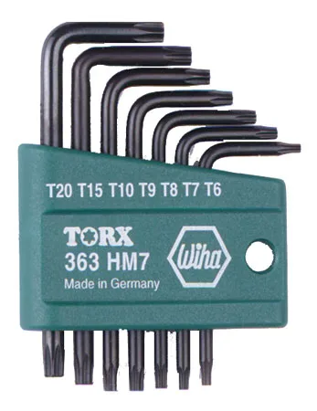 Seven black Torx L-keys in a molded holder
