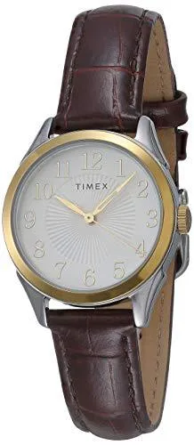Small two-tone 28mm watch with silver dial and brown croco leather strap
