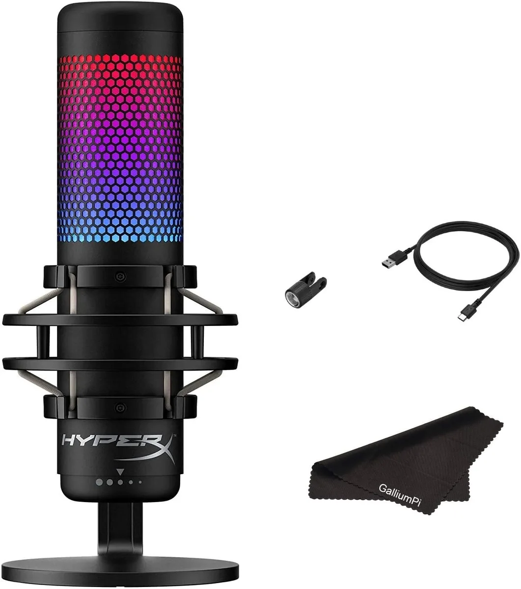 Cylindrical USB condenser microphone with RGB lighting, shock mount and pop filter