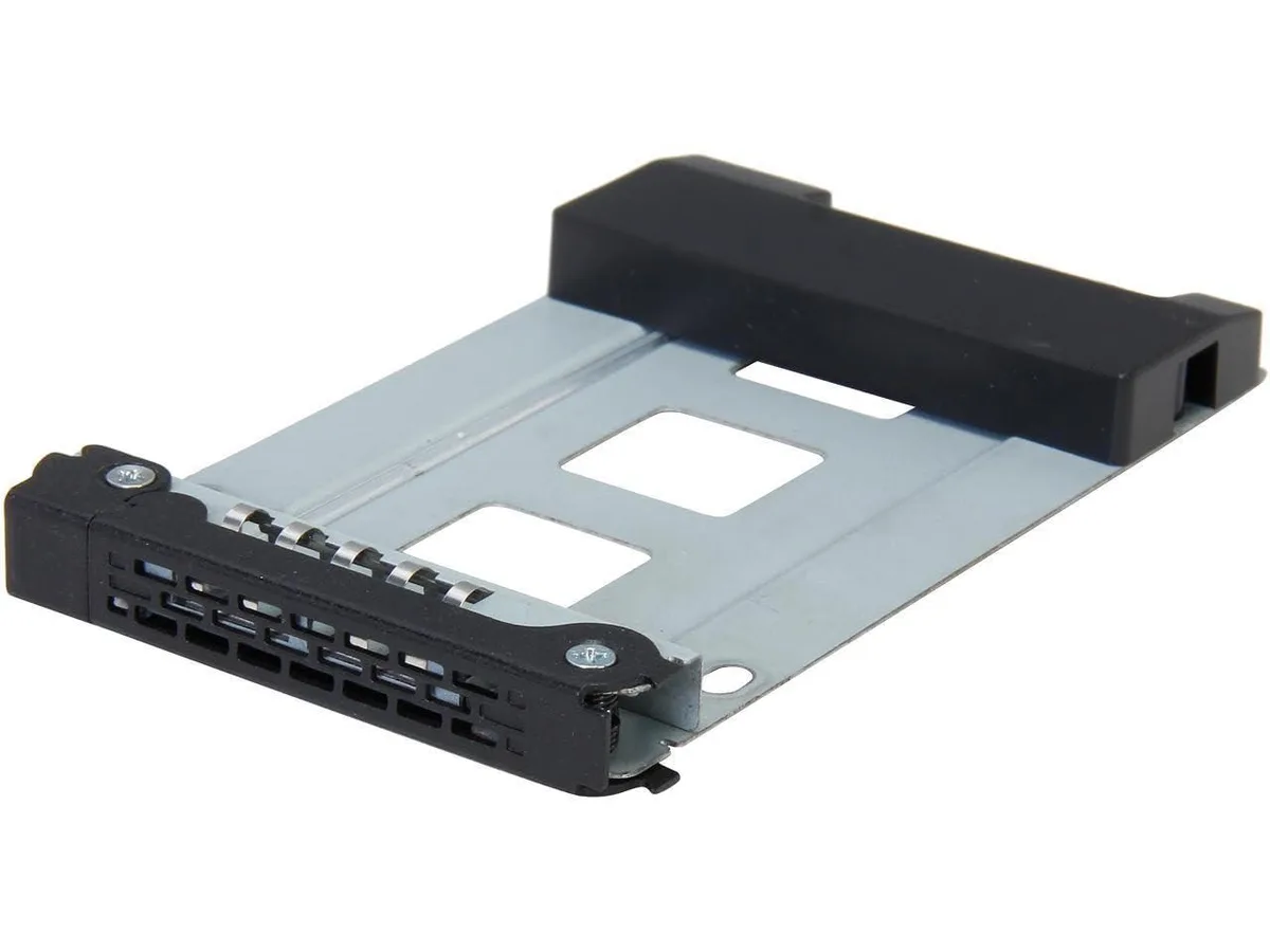 Black metal drive tray with open front and side rails
