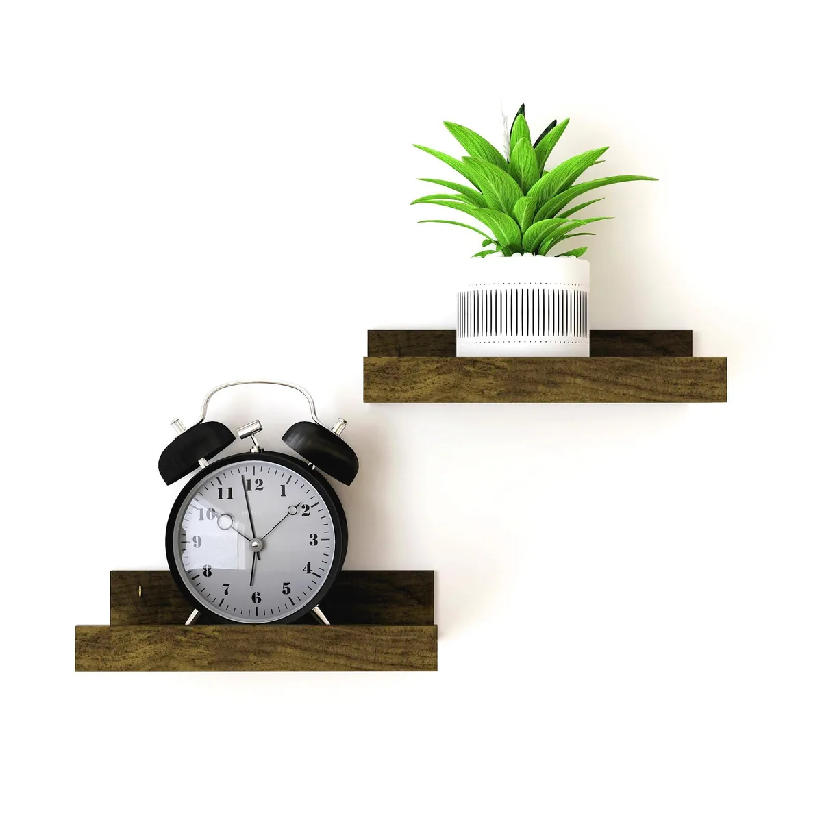 Two brown wooden floating shelves, 8 inches long with front lip, screw covers visible
