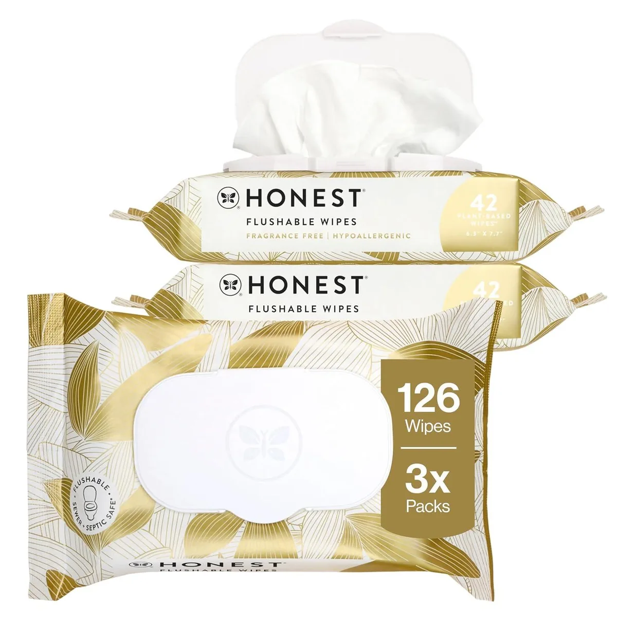 White rectangular box with Gilded Wings design, 126 flushable wipes in three packs